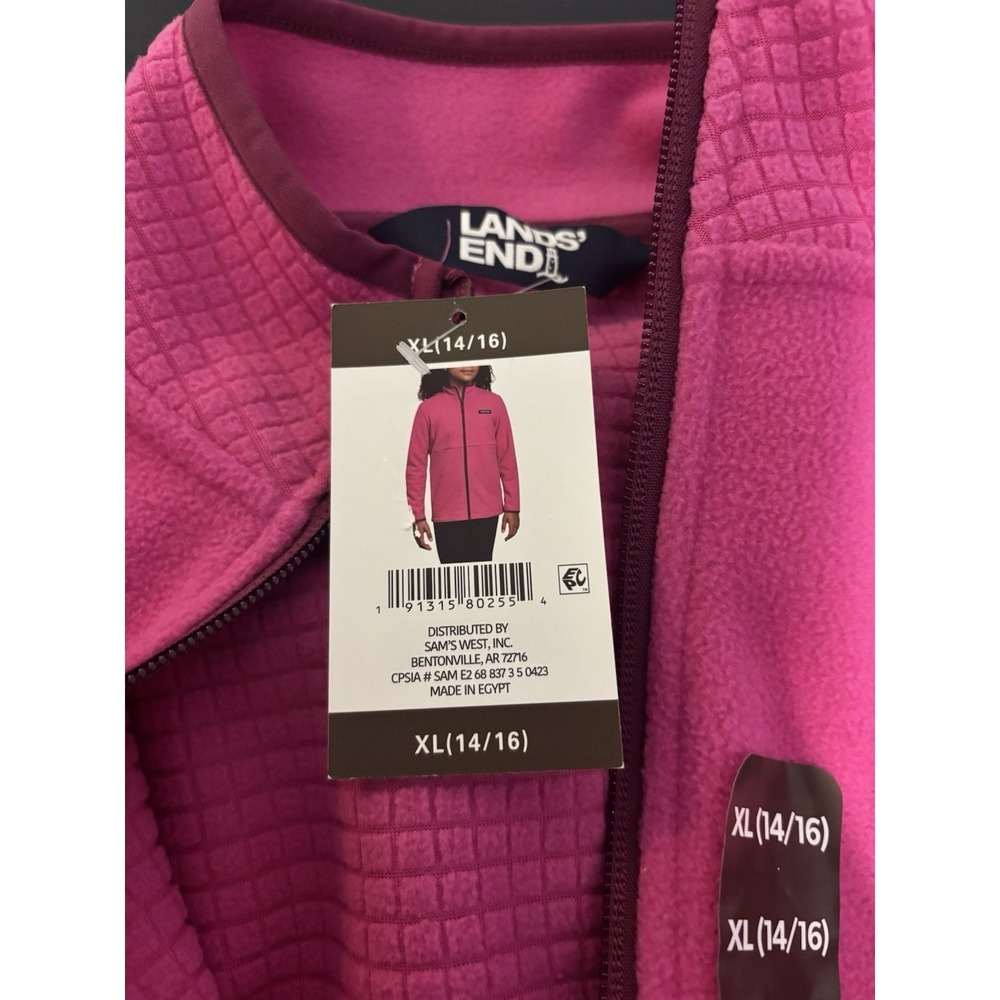 Lands' End Fleece Jacket Girls XL 14-16‎ Red Full Zip Waffle Grid Blue Trim - Picture 5 of 7